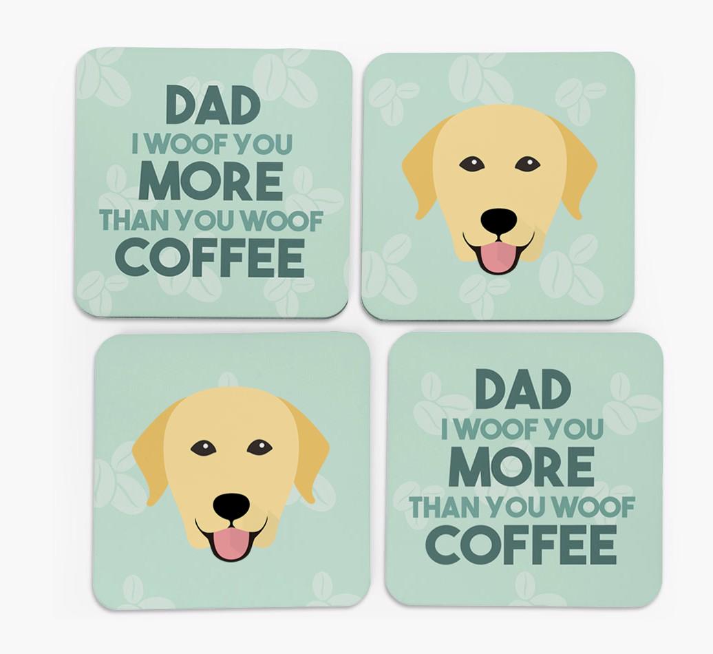 'Dad I woof you more than you woof coffee' Coasters with {breedFullName} Icon
