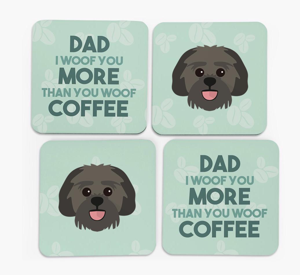 'Dad I woof you more than you woof coffee' Coasters with {breedFullName} Icon