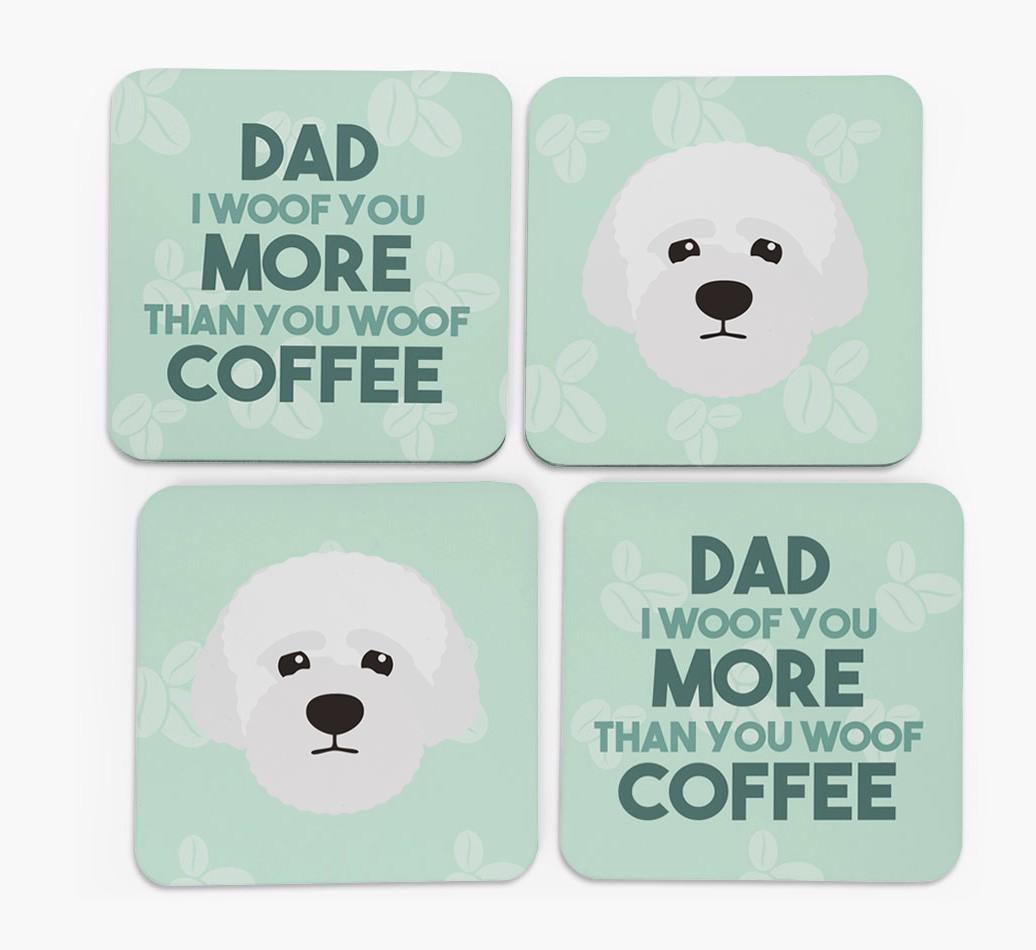 'Dad I woof you more than you woof coffee' Coasters with {breedFullName} Icon