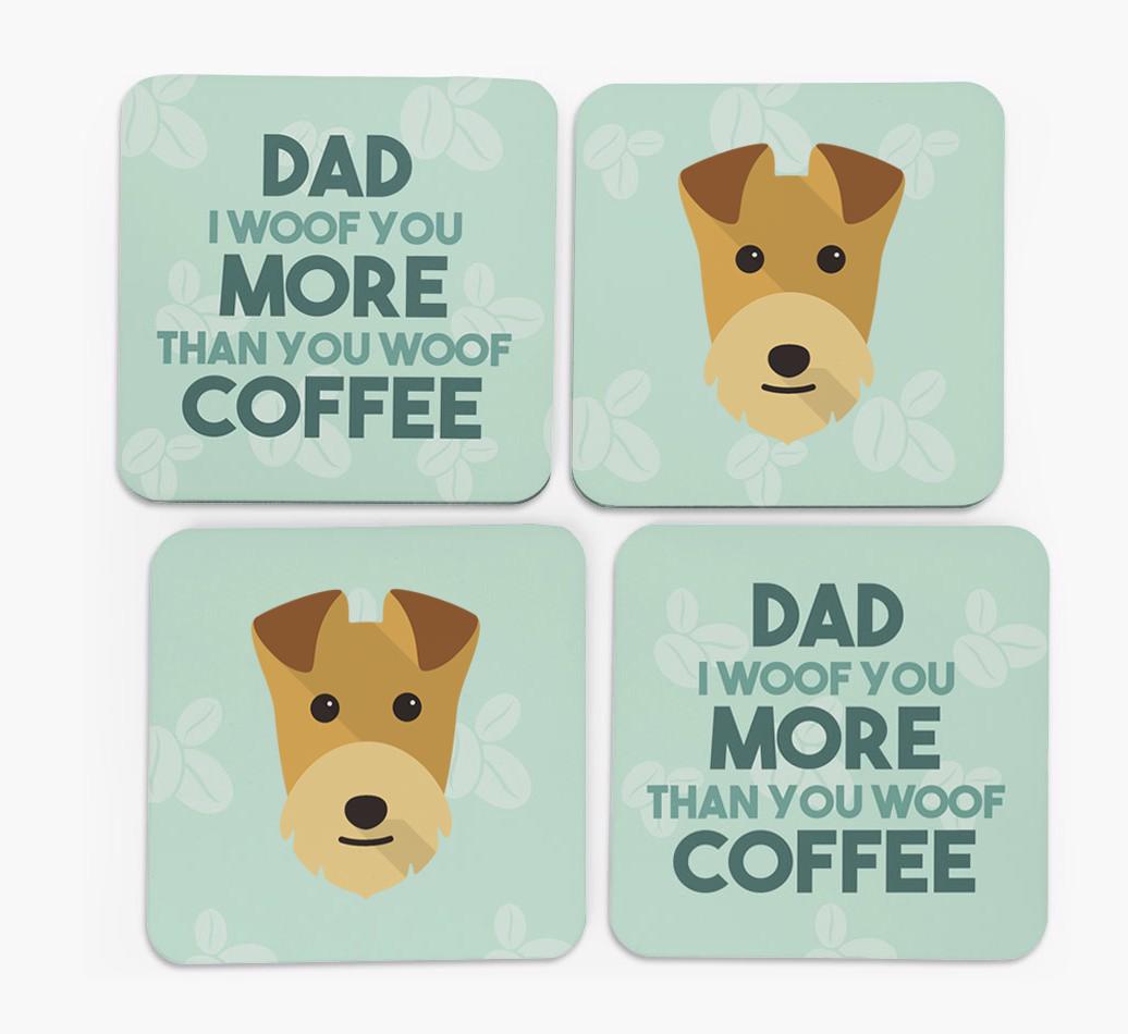 'Dad I woof you more than you woof coffee' Coasters with {breedFullName} Icon