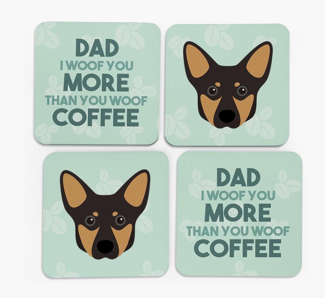 'Dad I woof you more than you woof coffee' Coasters with {breedFullName} Icon