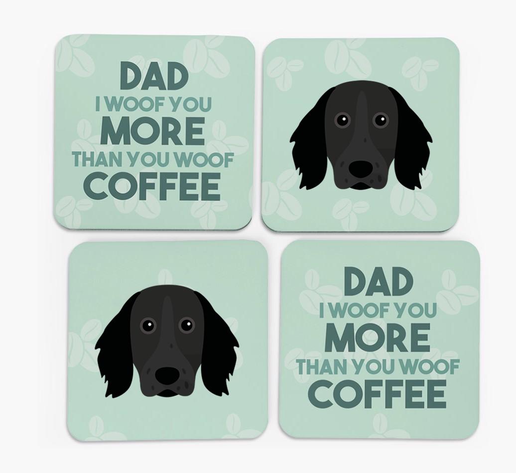 'Dad I woof you more than you woof coffee' Coasters with {breedFullName} Icon