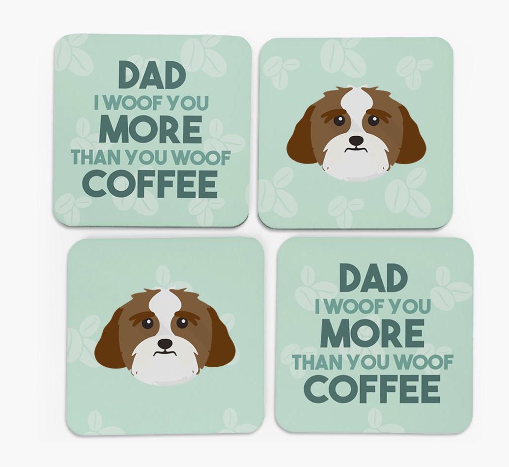 'Dad I woof you more than you woof coffee' Coasters with {breedFullName} Icon
