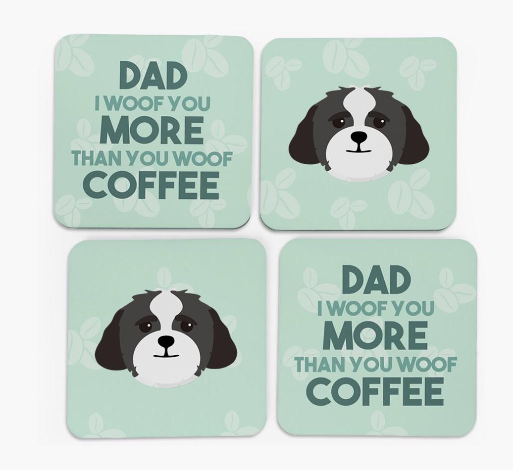 'Dad I woof you more than you woof coffee' Coasters with {breedFullName} Icon