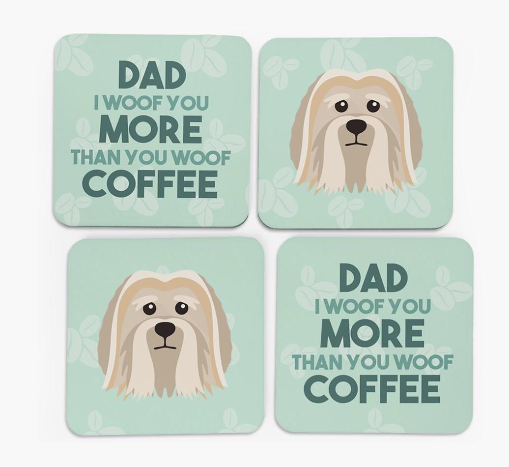 'Dad I woof you more than you woof coffee' Coasters with {breedFullName} Icon