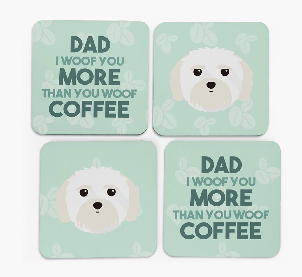 'Dad I woof you more than you woof coffee' Coasters with {breedFullName} Icon