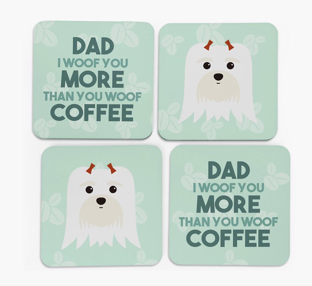 'Dad I woof you more than you woof coffee' Coasters with {breedFullName} Icon