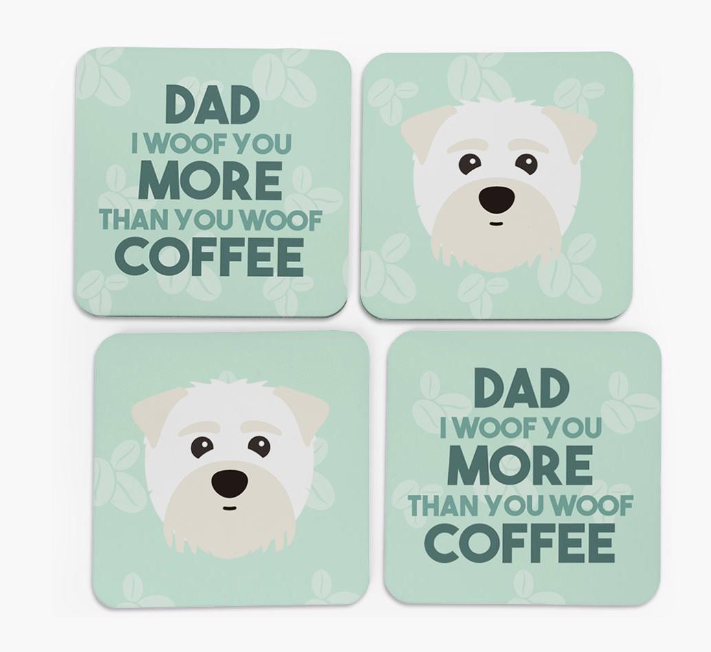 'Dad I woof you more than you woof coffee' Coasters with {breedFullName} Icon