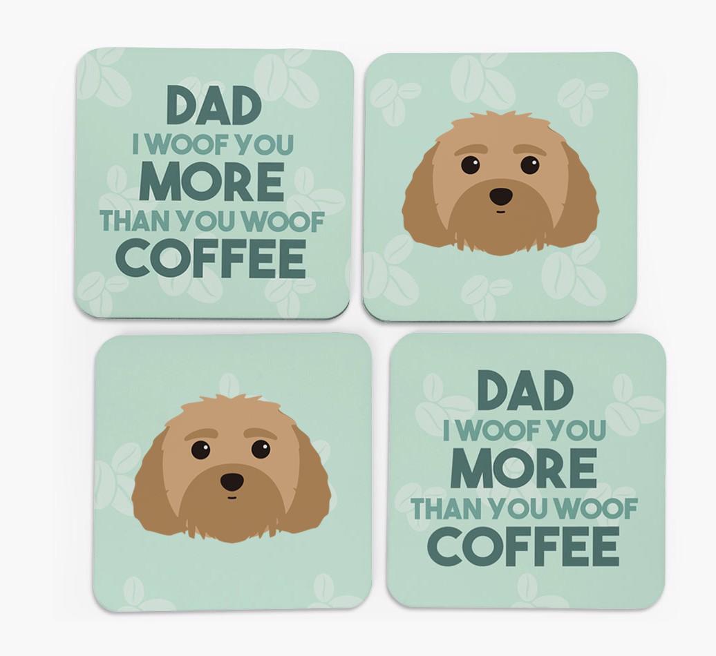 'Dad I woof you more than you woof coffee' Coasters with {breedFullName} Icon
