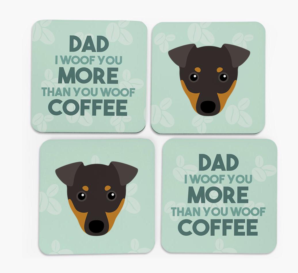 'Dad I woof you more than you woof coffee' Coasters with {breedFullName} Icon