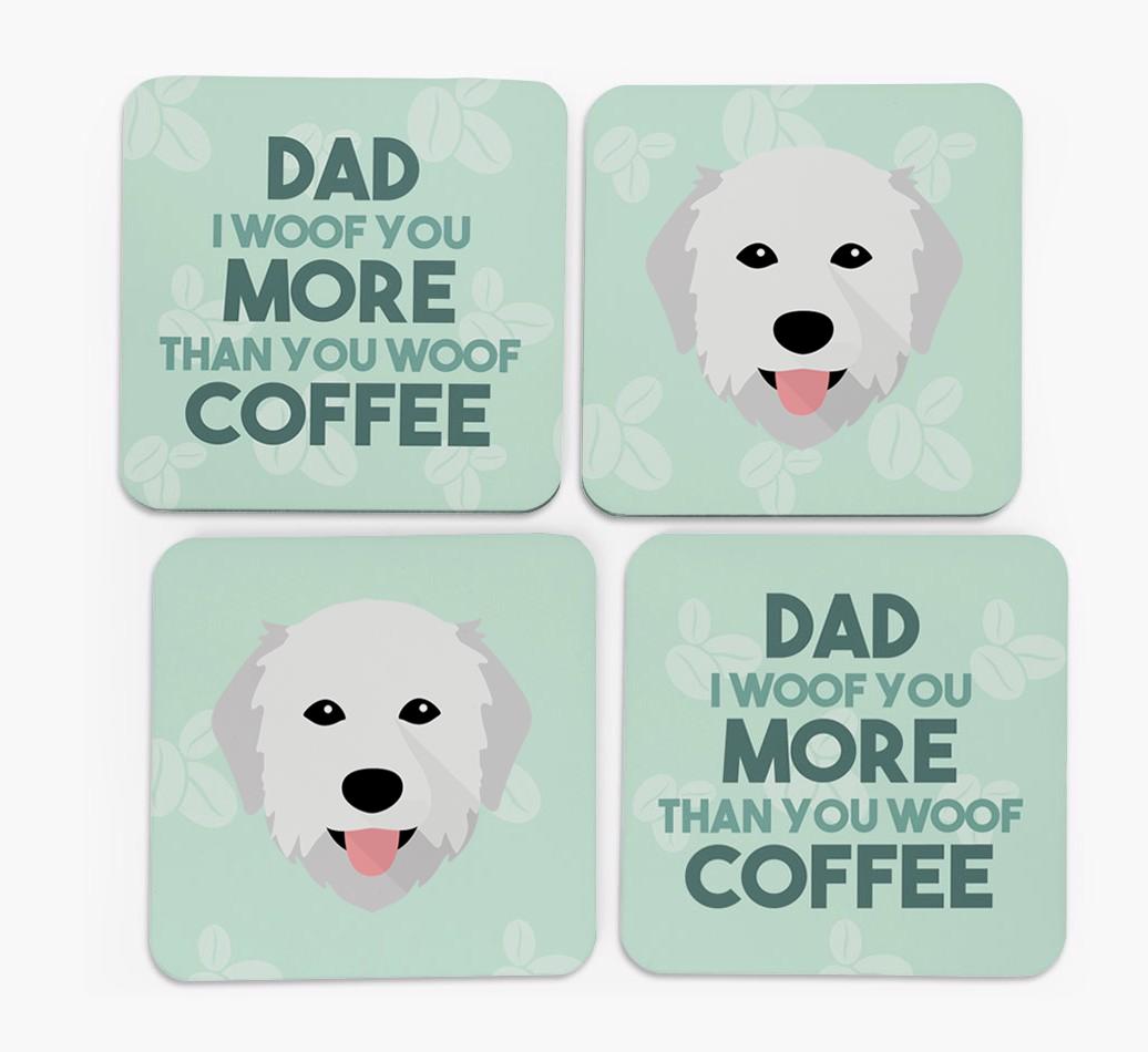 'Dad I woof you more than you woof coffee' Coasters with {breedFullName} Icon