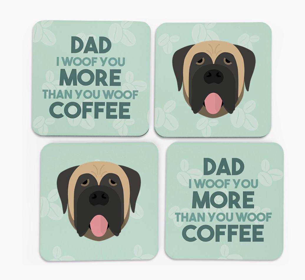 'Dad I woof you more than you woof coffee' Coasters with {breedFullName} Icon