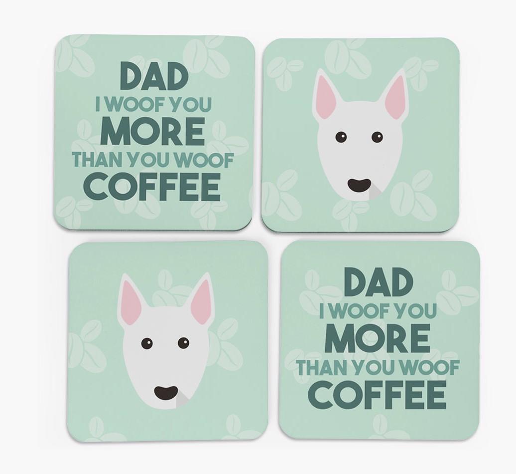 'Dad I woof you more than you woof coffee' Coasters with {breedFullName} Icon