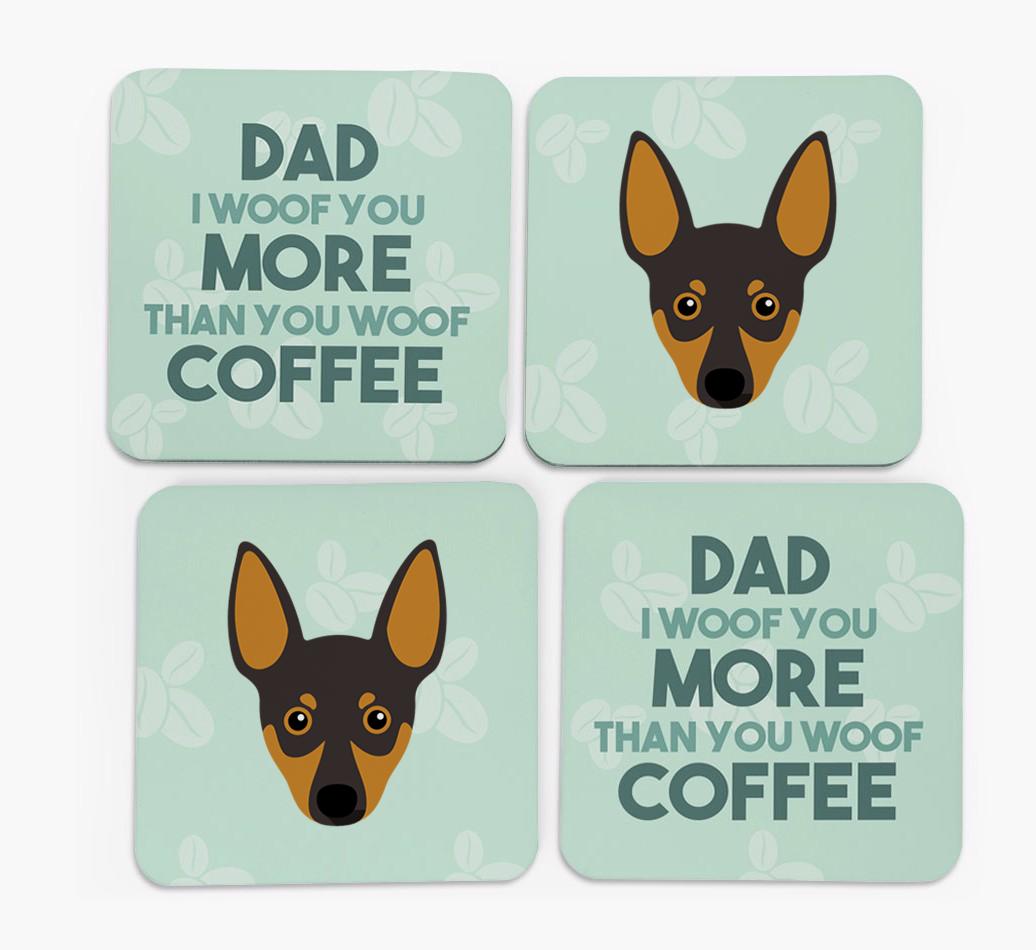 'Dad I woof you more than you woof coffee' Coasters with {breedFullName} Icon