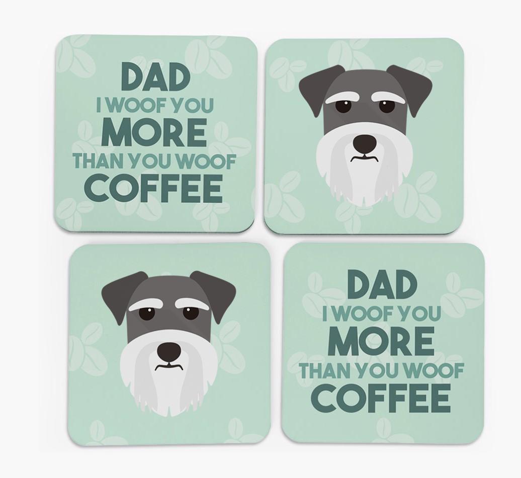 'Dad I woof you more than you woof coffee' Coasters with {breedFullName} Icon