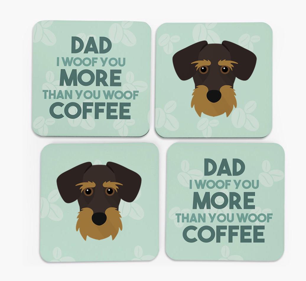 'Dad I woof you more than you woof coffee' Coasters with {breedFullName} Icon