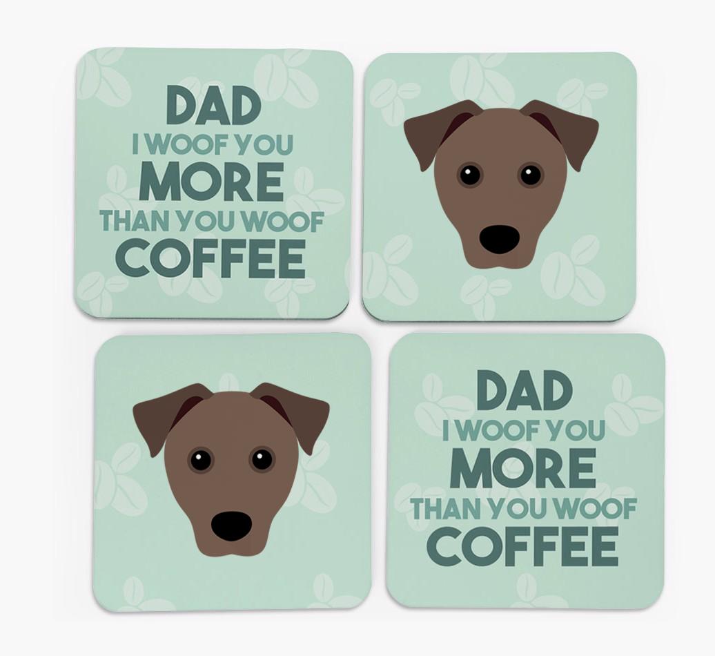 'Dad I woof you more than you woof coffee' Coasters with {breedFullName} Icon