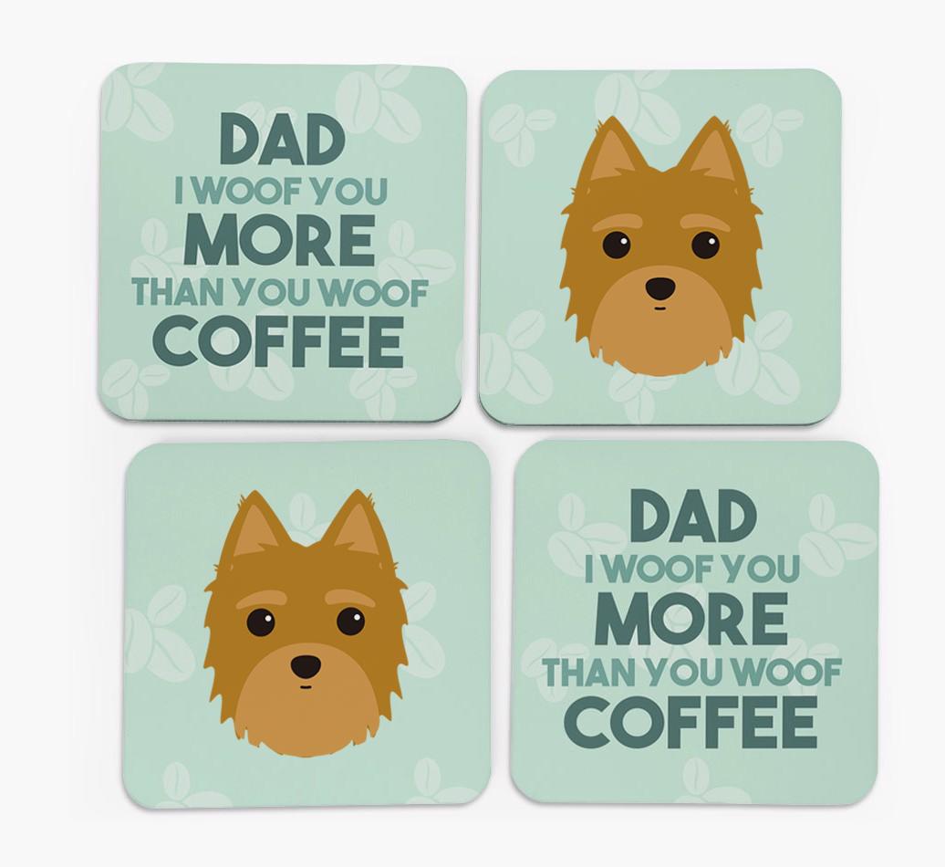 'Dad I woof you more than you woof coffee' Coasters with {breedFullName} Icon