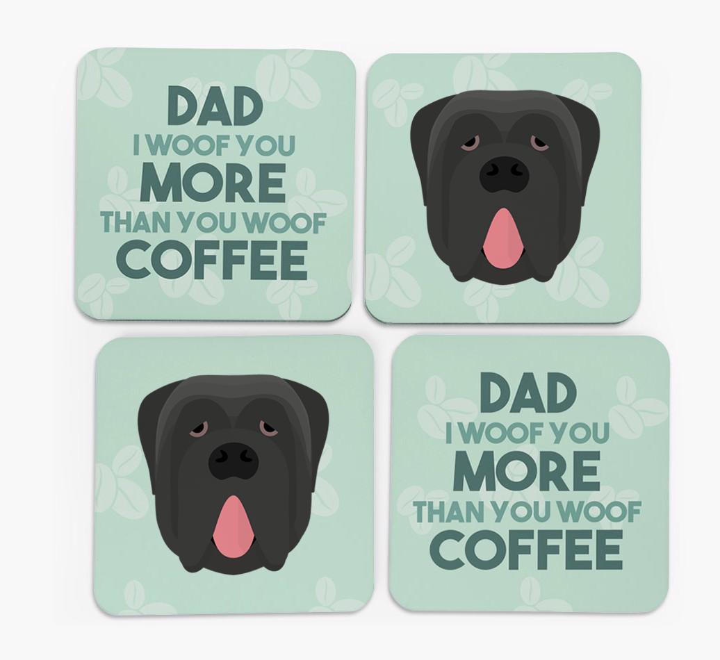 'Dad I woof you more than you woof coffee' Coasters with {breedFullName} Icon
