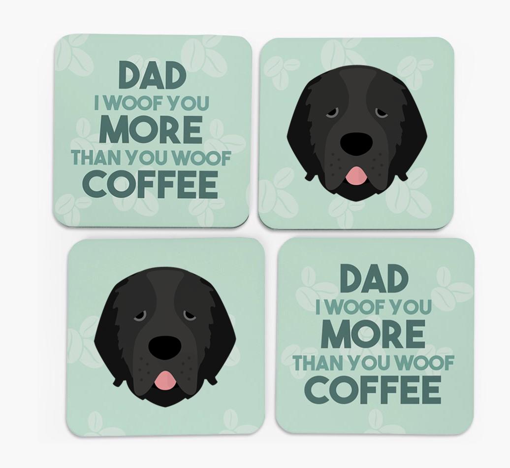 'Dad I woof you more than you woof coffee' Coasters with {breedFullName} Icon