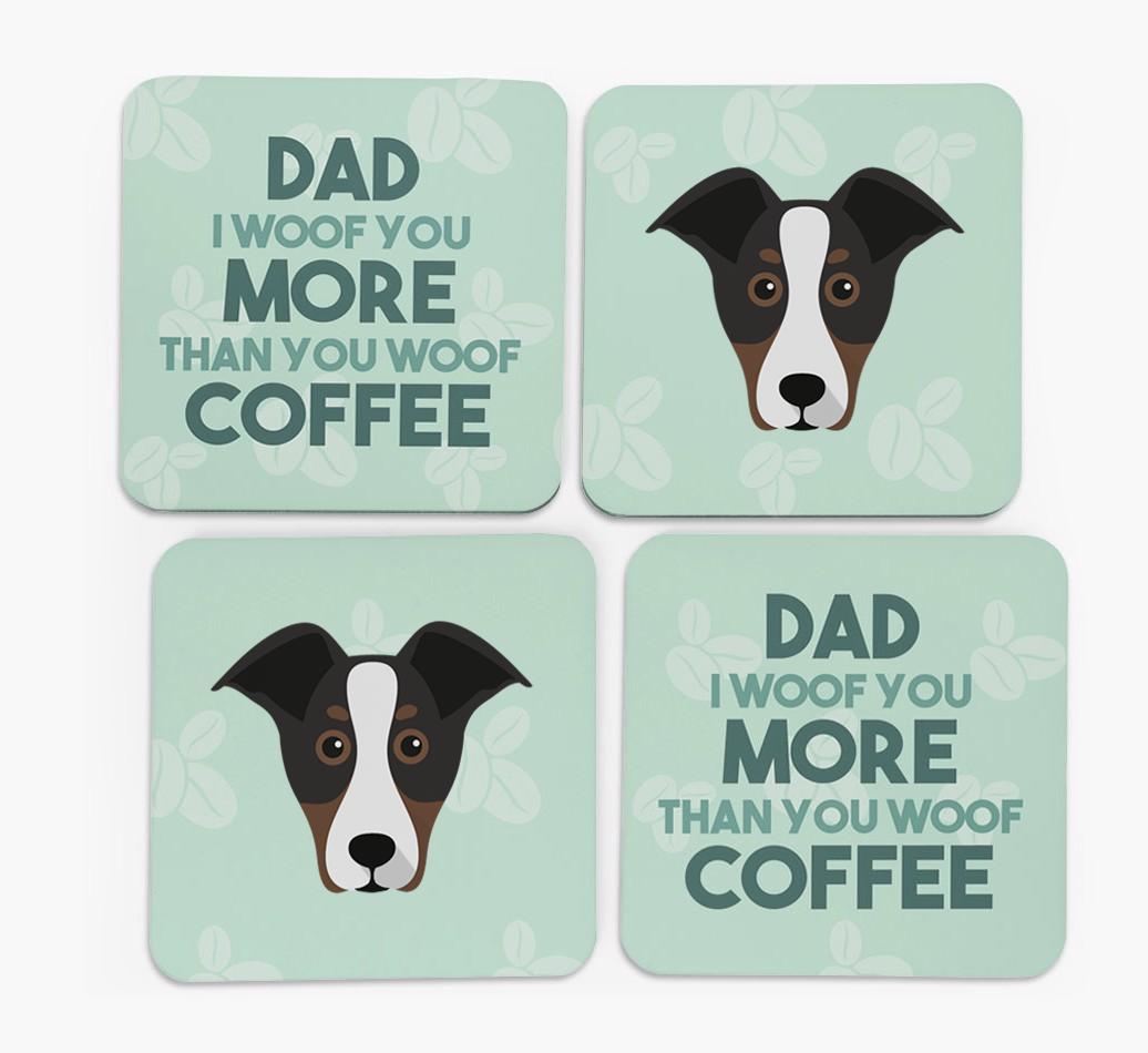 'Dad I woof you more than you woof coffee' Coasters with {breedFullName} Icon