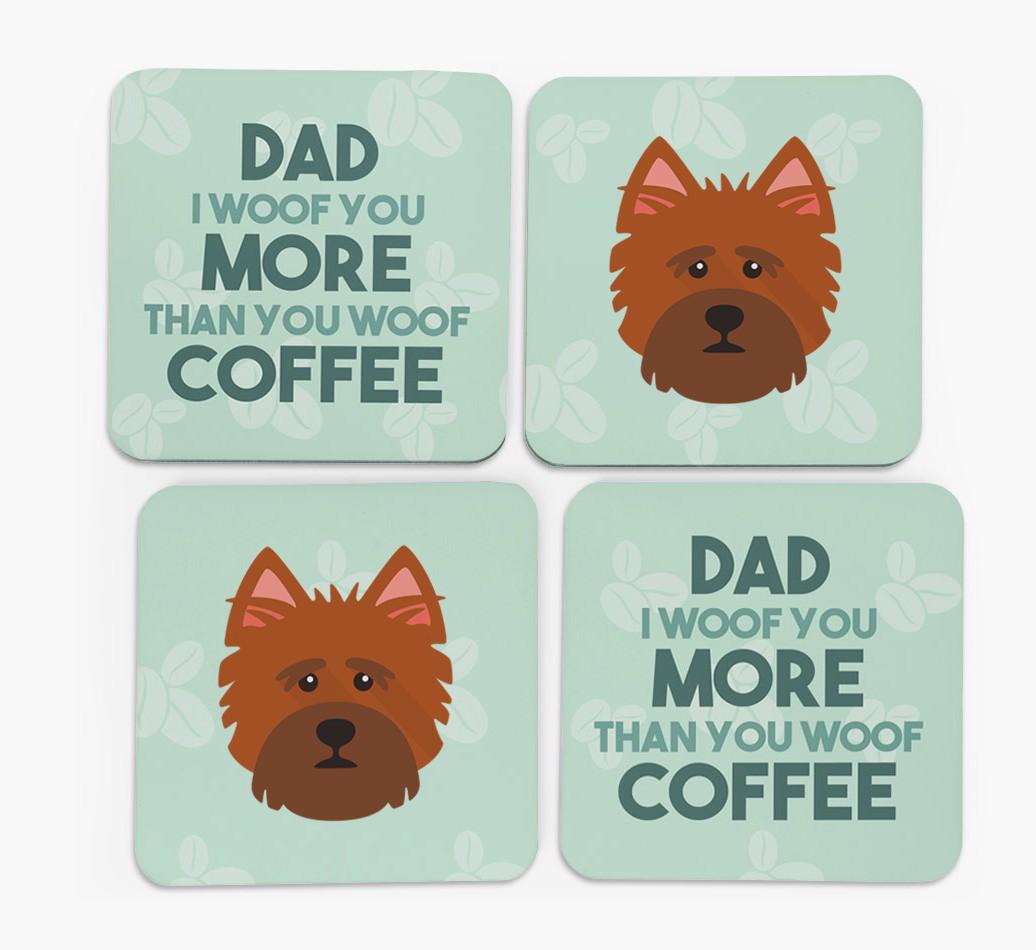 'Dad I woof you more than you woof coffee' Coasters with {breedFullName} Icon