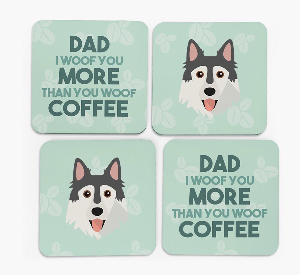 'Dad I woof you more than you woof coffee' Coasters with {breedFullName} Icon