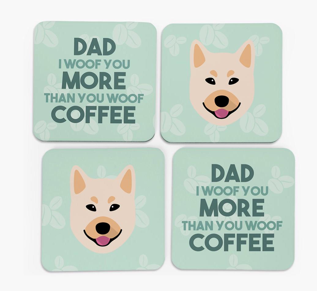 'Dad I woof you more than you woof coffee' Coasters with {breedFullName} Icon