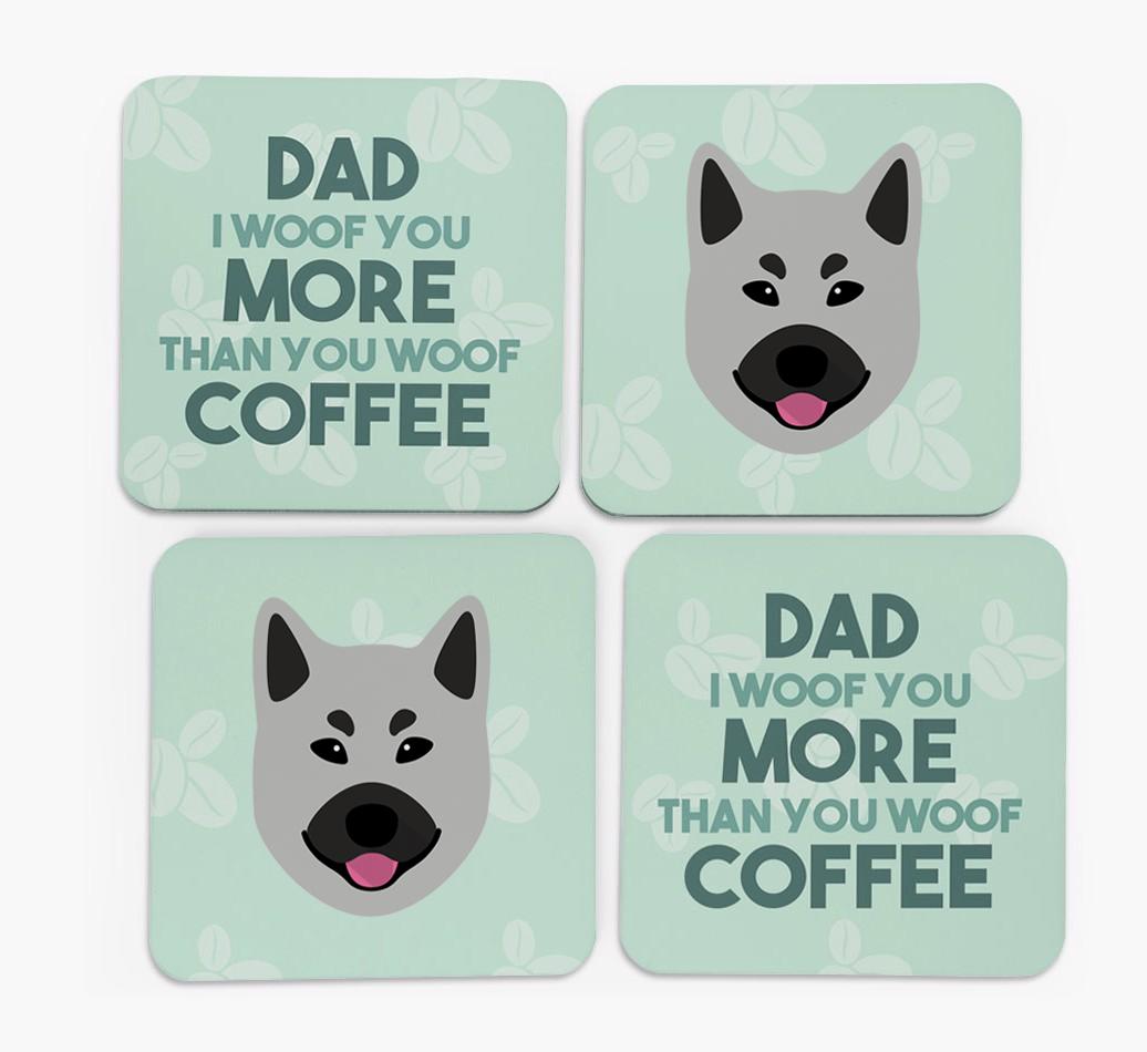 'Dad I woof you more than you woof coffee' Coasters with {breedFullName} Icon