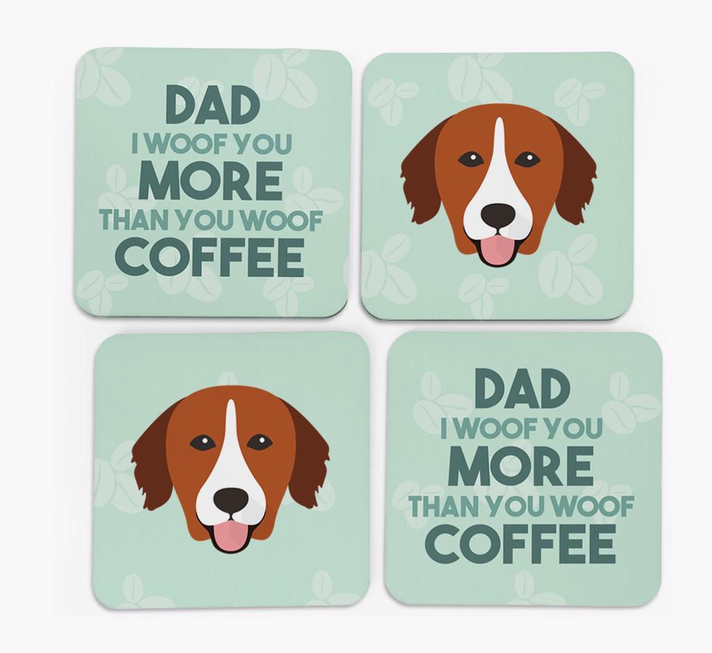 'Dad I woof you more than you woof coffee' Coasters with {breedFullName} Icon