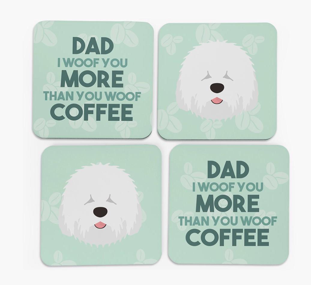'Dad I woof you more than you woof coffee' Coasters with {breedFullName} Icon
