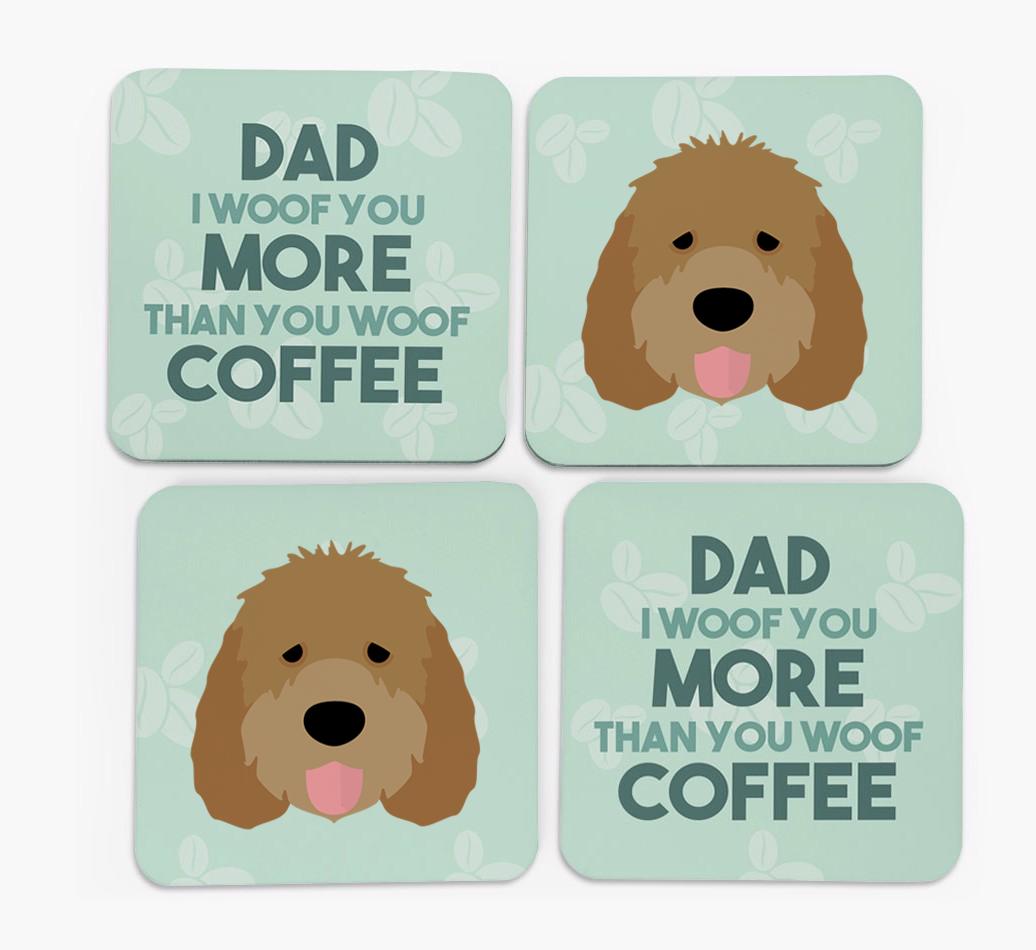 'Dad I woof you more than you woof coffee' Coasters with {breedFullName} Icon