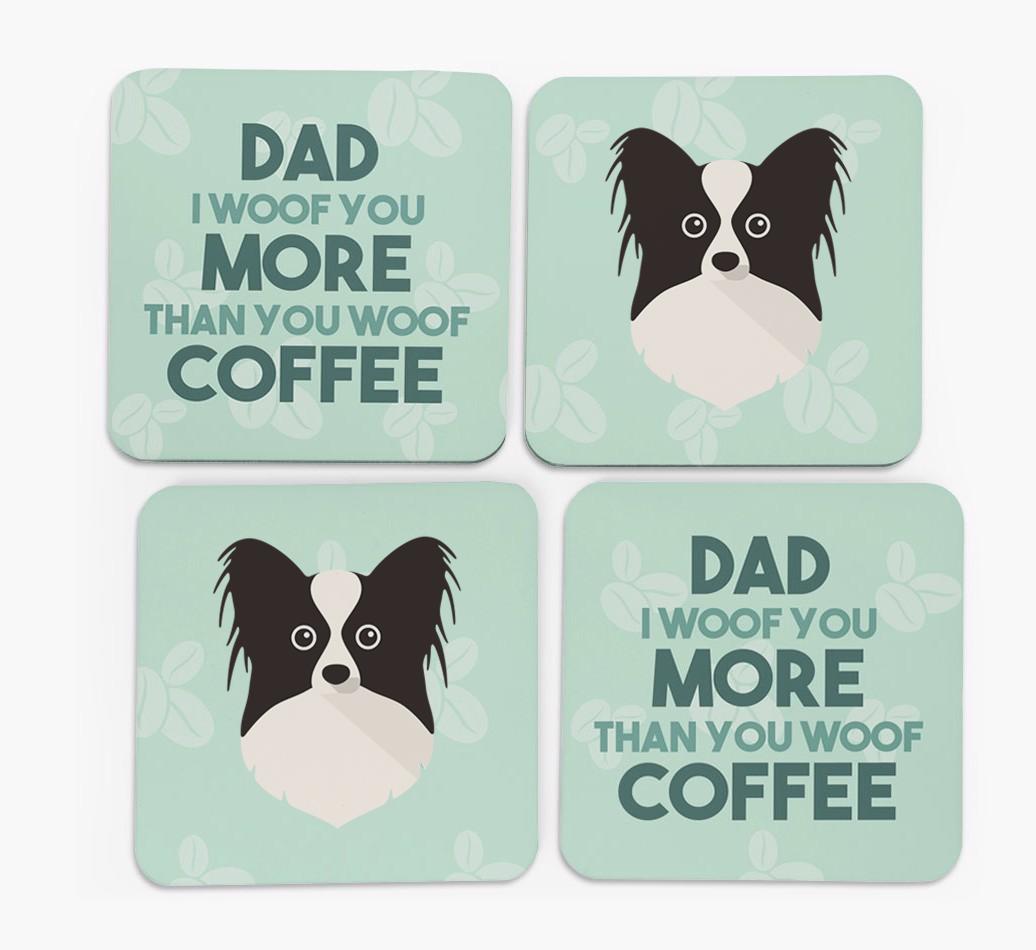 'Dad I woof you more than you woof coffee' Coasters with {breedFullName} Icon