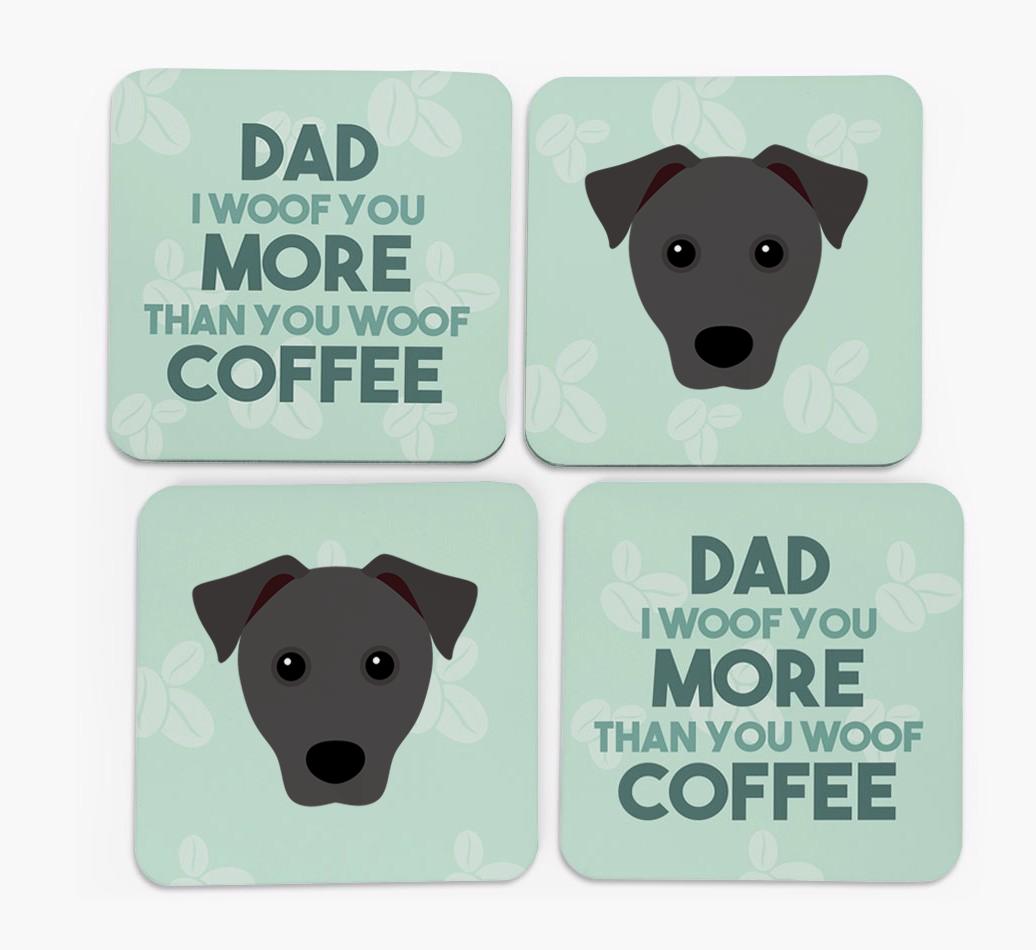 'Dad I woof you more than you woof coffee' Coasters with {breedFullName} Icon
