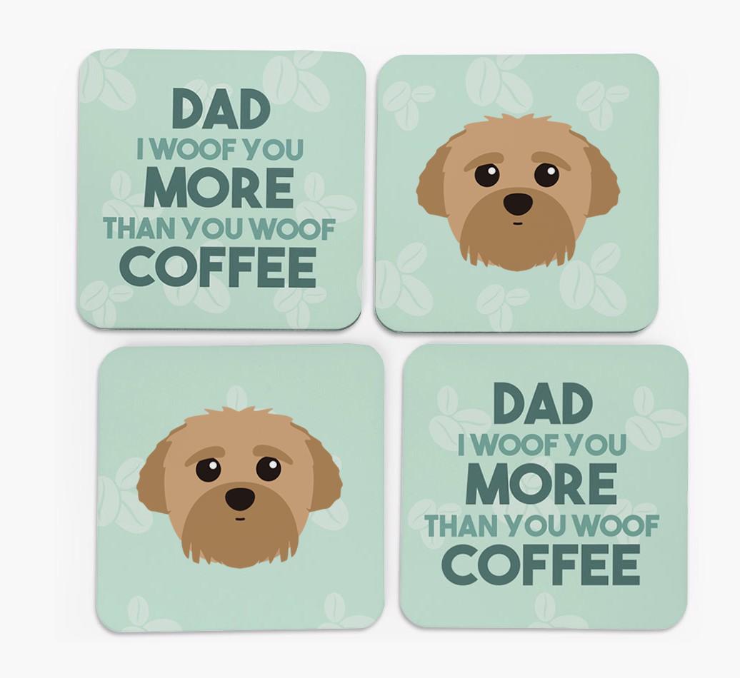 'Dad I woof you more than you woof coffee' Coasters with {breedFullName} Icon