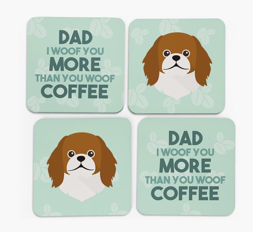 'Dad I woof you more than you woof coffee' Coasters with {breedFullName} Icon