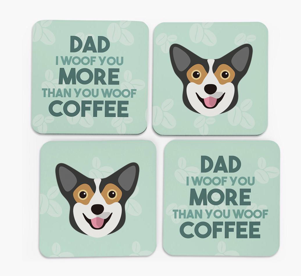 'Dad I woof you more than you woof coffee' Coasters with {breedFullName} Icon