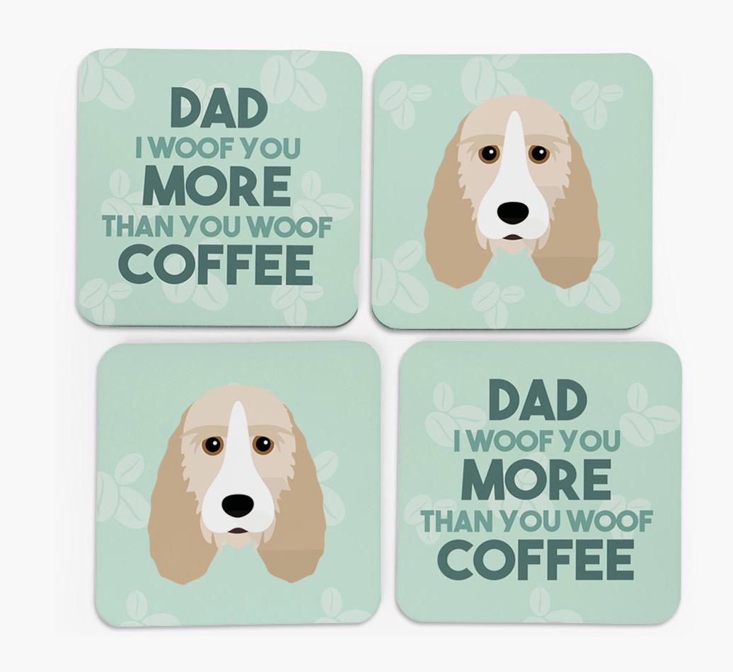 'Dad I woof you more than you woof coffee' Coasters with {breedFullName} Icon