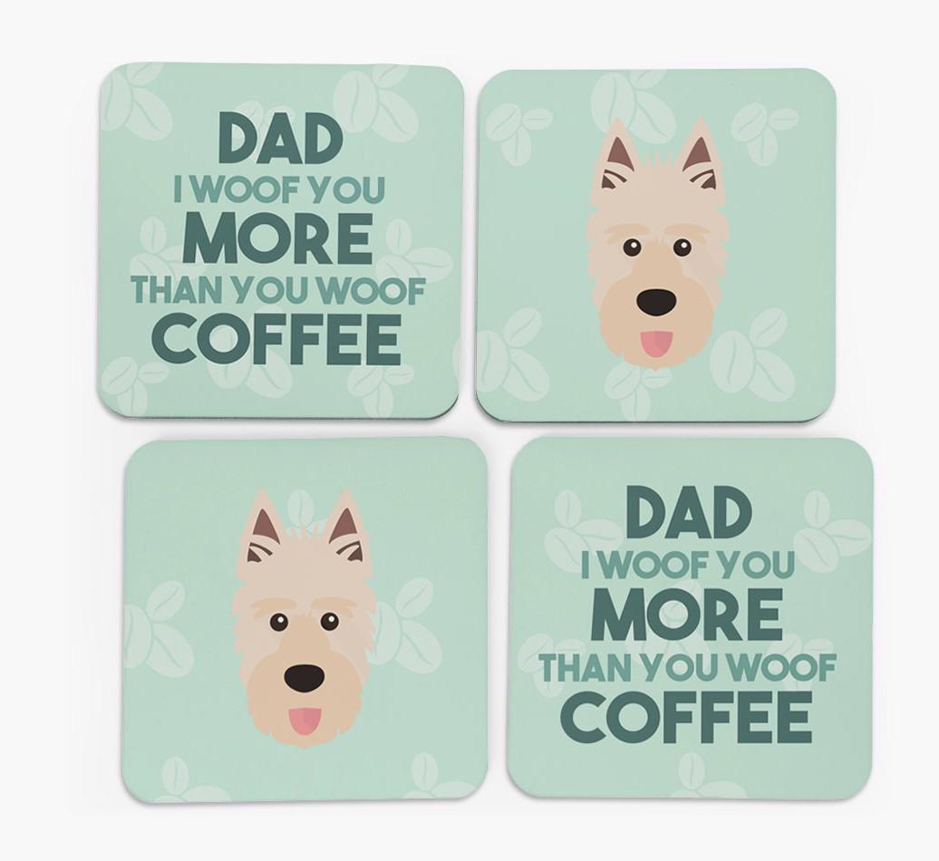 'Dad I woof you more than you woof coffee' Coasters with {breedFullName} Icon