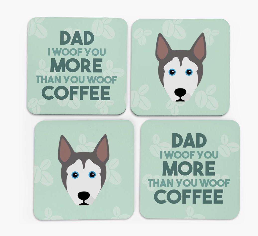 'Dad I woof you more than you woof coffee' Coasters with {breedFullName} Icon