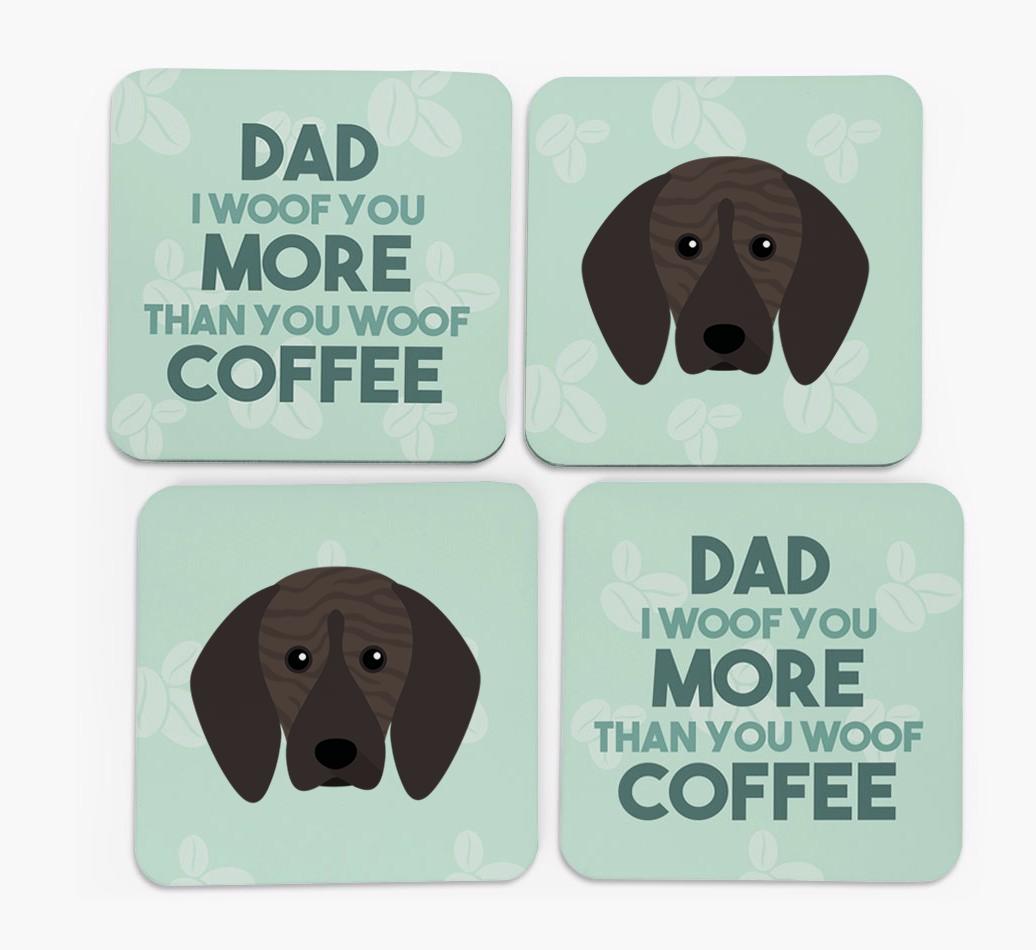 'Dad I woof you more than you woof coffee' Coasters with {breedFullName} Icon