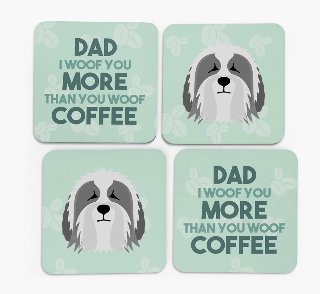 'Dad I woof you more than you woof coffee' Coasters with {breedFullName} Icon