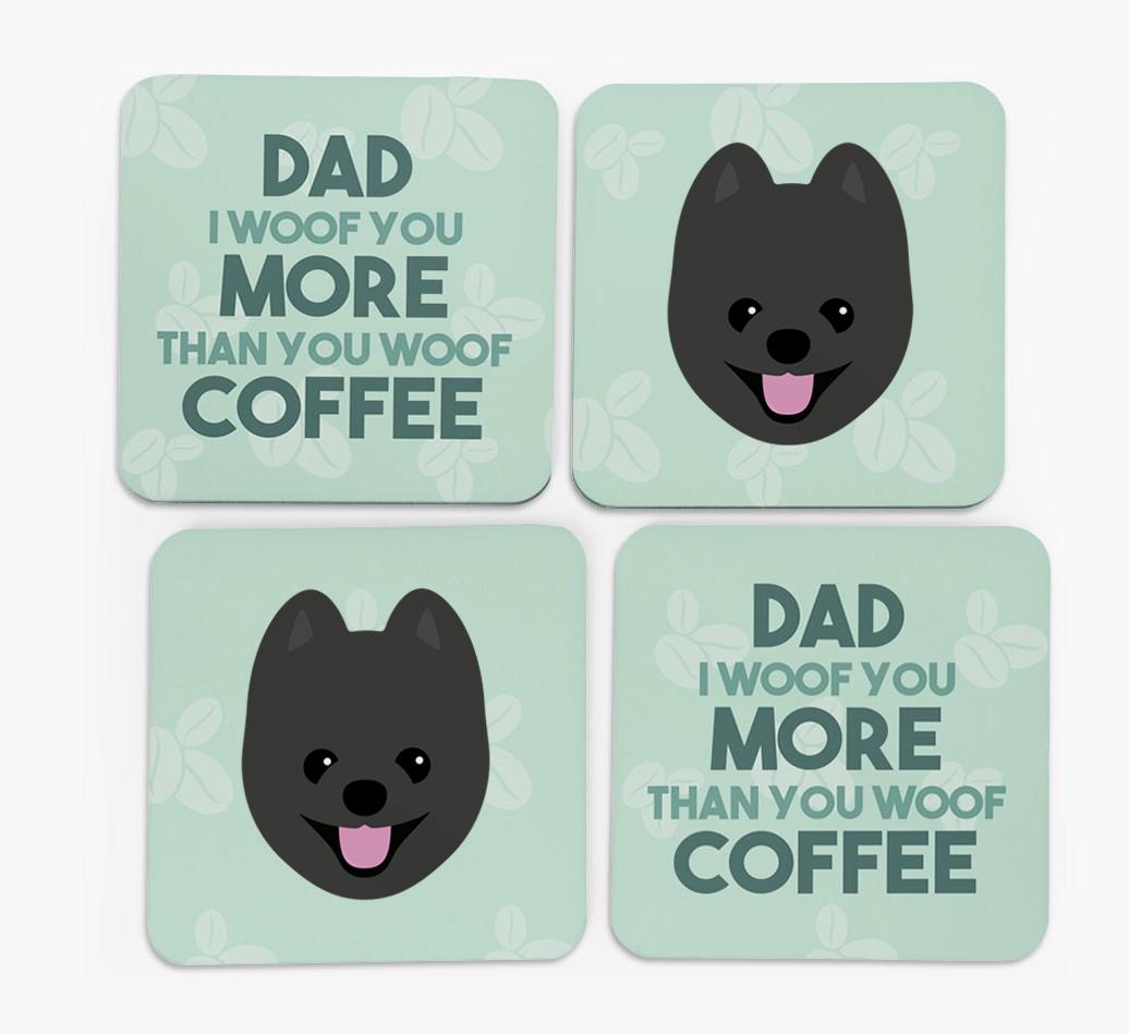 'Dad I woof you more than you woof coffee' Coasters with {breedFullName} Icon