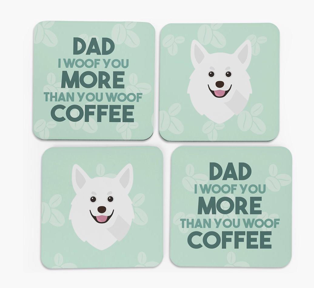 'Dad I woof you more than you woof coffee' Coasters with {breedFullName} Icon
