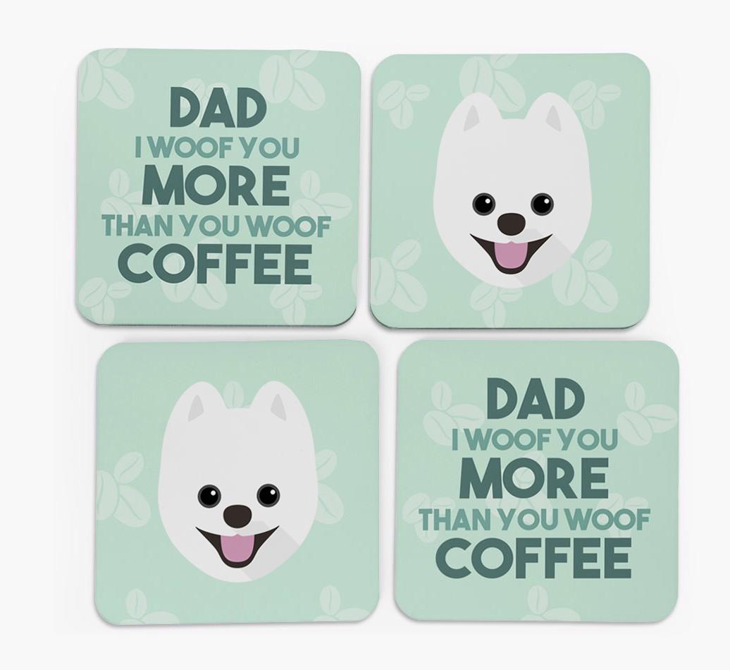 'Dad I woof you more than you woof coffee' Coasters with {breedFullName} Icon