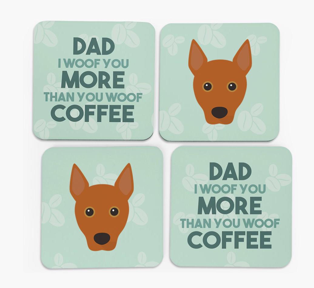 'Dad I woof you more than you woof coffee' Coasters with {breedFullName} Icon