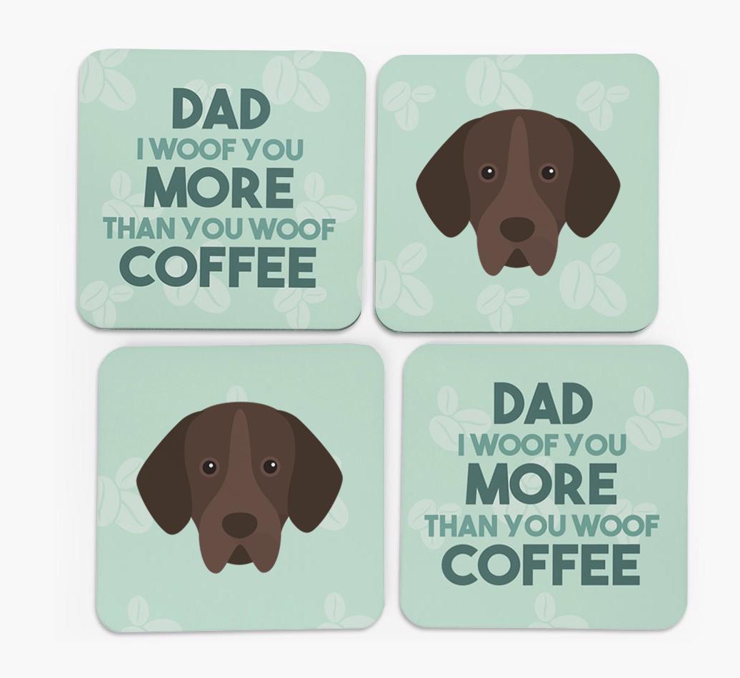 'Dad I woof you more than you woof coffee' Coasters with {breedFullName} Icon
