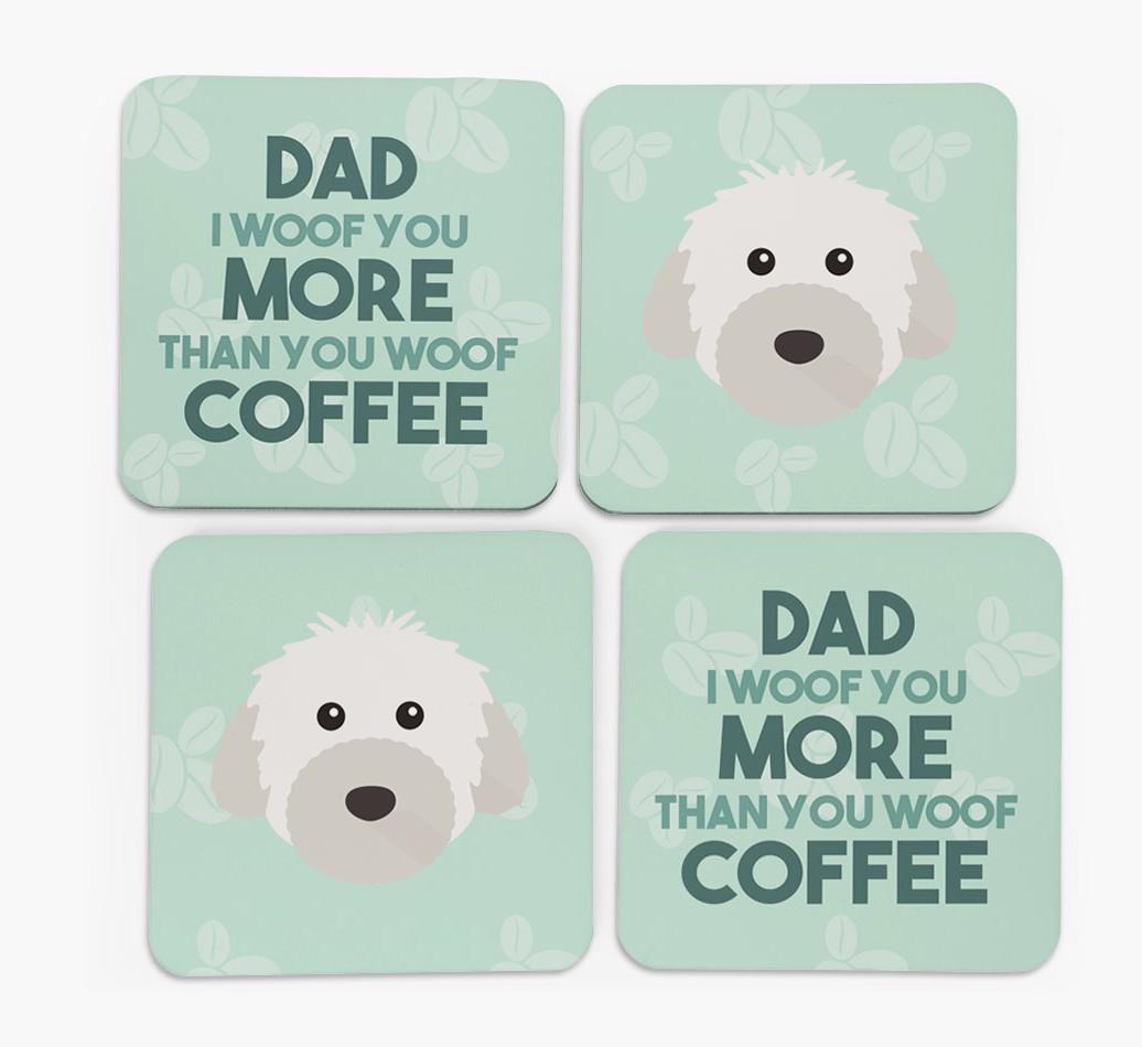 'Dad I woof you more than you woof coffee' Coasters with {breedFullName} Icon