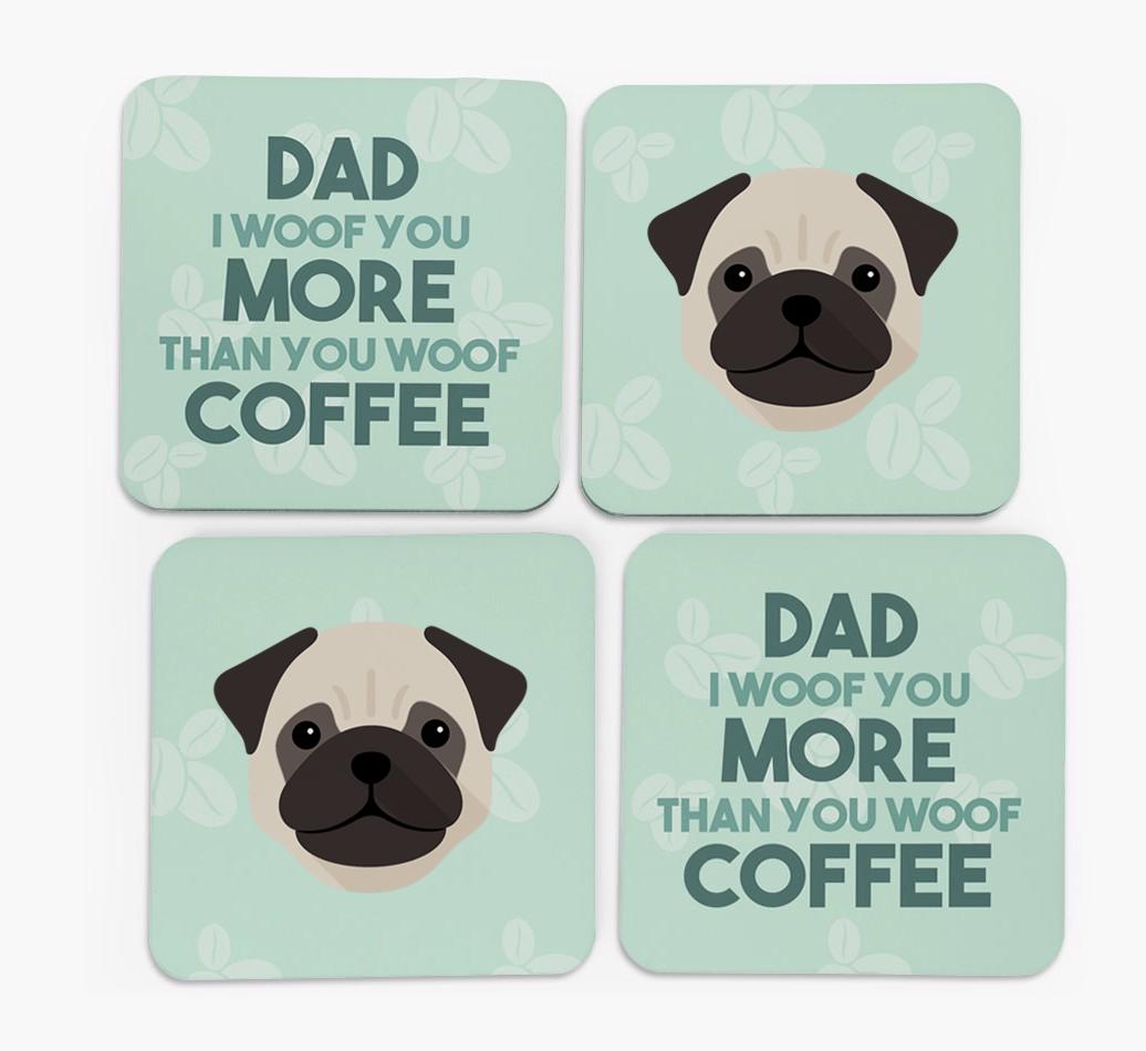 'Dad I woof you more than you woof coffee' Coasters with {breedFullName} Icon