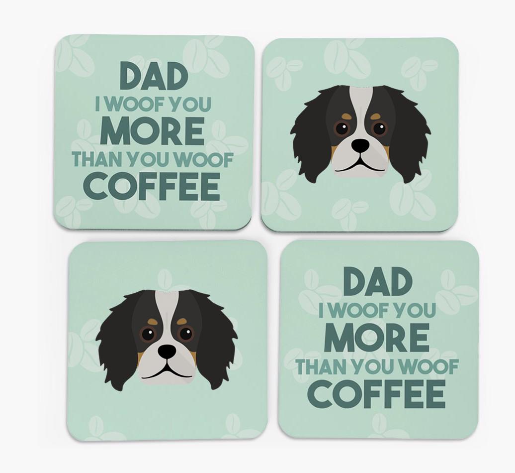 'Dad I woof you more than you woof coffee' Coasters with {breedFullName} Icon
